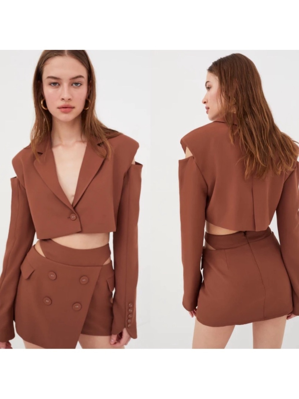For love and lemons Alysa Crop Blazer and mini skirt Set in Brown